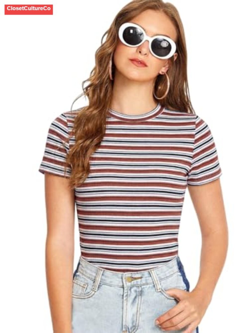 Milumia Women's Striped Ribbed Short Sleeve Tee Knit Top Casual Summer